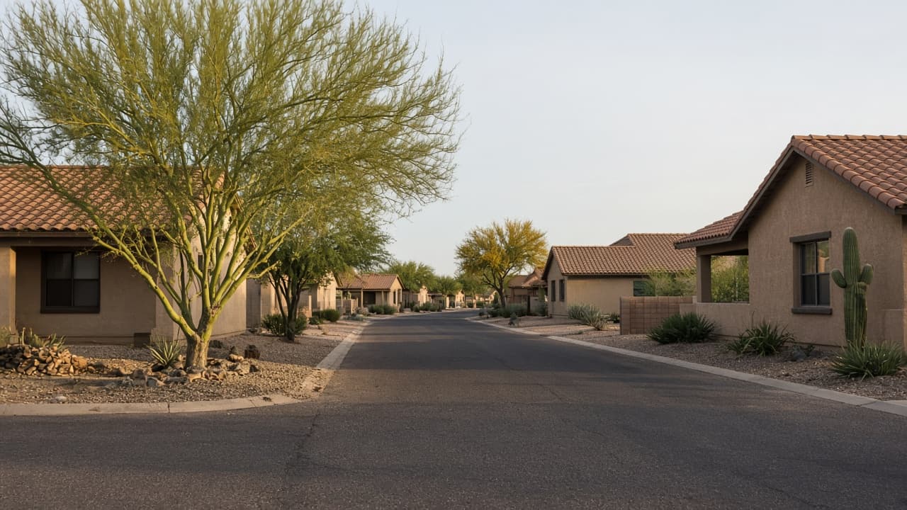 Single-story homes on a quiet Phoenix street in late afternoon light